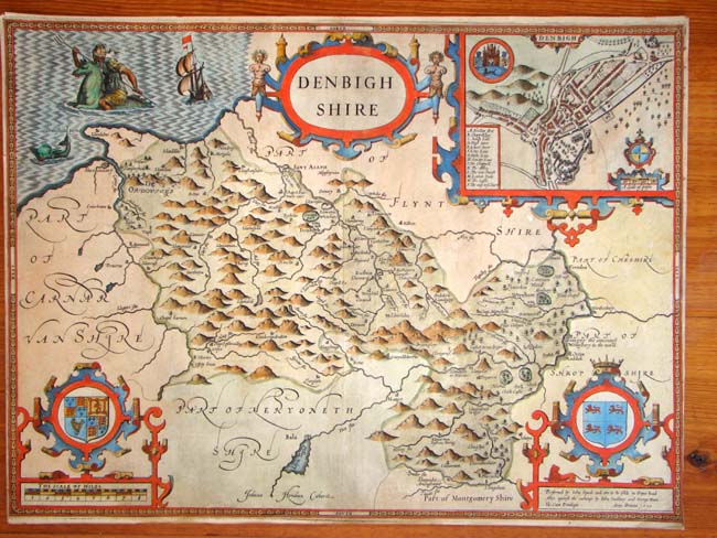 A 17th century Map of Denbighshire, Wales, by John Speed, published by J. Sudbury & George Humbell